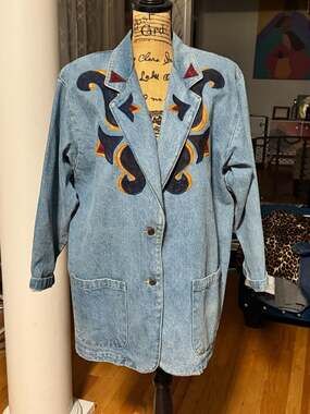 Vintage Sun Belt Penny Candy Long Denim Jacket with Southwestern Art Deco Appliq
